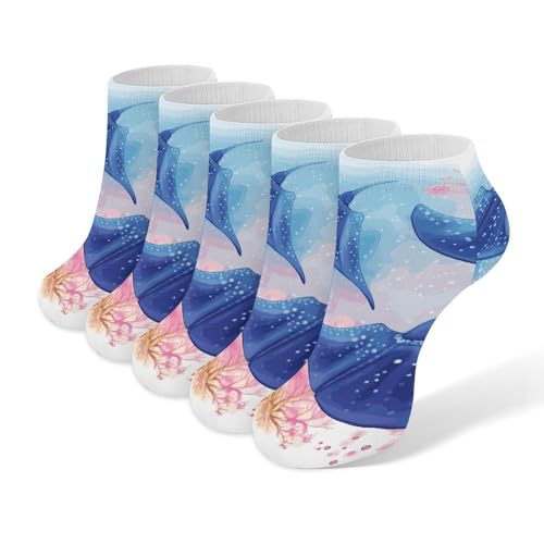 5 Pairs of Cotton Ankle Socks for Women Men Sea Animals Stingrays Low Cut Socks for Running Hiking No Show Athletic Sock