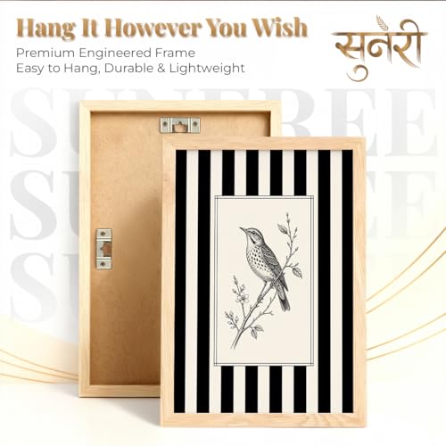Image of Vintage Black White Wall Art Frames for Living Room Bedroom - Minimalist Botanical & Bird Stripe Wall Painting Set | Modern Aesthetic Monochrome Home Wall Decor with Wooden Frame (Art 11, 10x13 Inches)