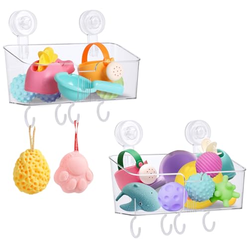CIEOVO 2 Piece Large Bath Toy Storage Holder for Tub, Clear Bath Toy Organizer Bathtub Toy Holder with Suction Cup Hooks for Easy Access and Sorting Bathroom Toys Toiletries