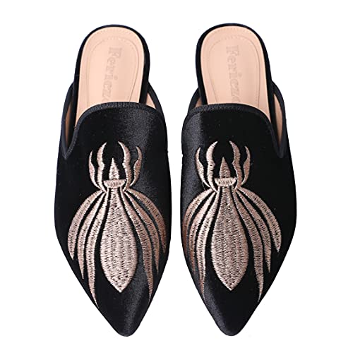 Image of Fericzot Women's Velvet Backless Pointed Toe Slip On Loafers Flats Embroidery Mule Slippers Shoes