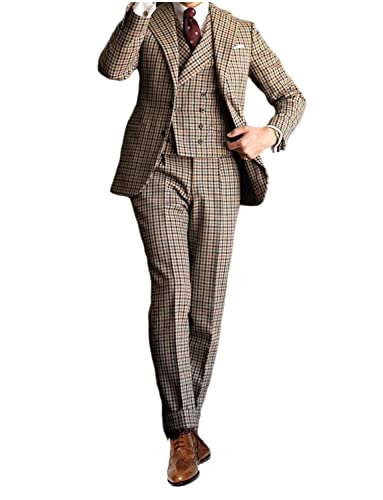 Ulnomio Men's Houndstooth 3-Piece Tuxedos Notch Lapel Formal Dinner Two Buttons Suit