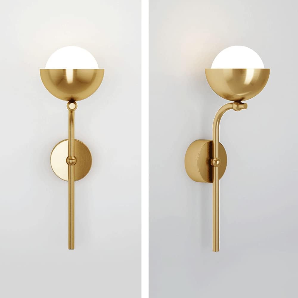 Applique da Parete per Interni in Ottone con Globo in Vetro Opalino Lampada da Parete A Palo Lungo Stile Vintage Nero Oro Satinato per Camera da Letto Comodino Bagno E Scale