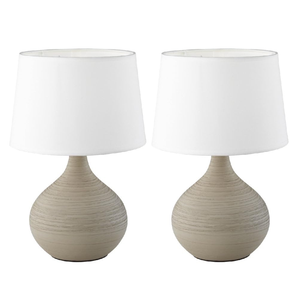 Britalia Cappuccino 2 Pack - Textured Ceramic Vintage Globe Urn Table Desk Lamp With White Fabric Shade | 29Cm Height | 1 X Ses E14 Lamp Bulb Required | Uk Approved | Retro Design | Tapered Drum Lampshade