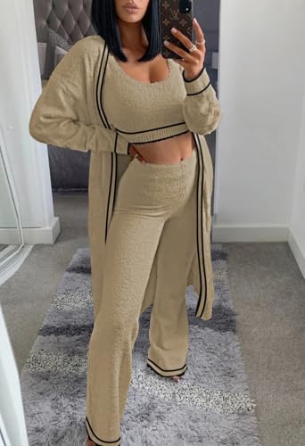 Image of Fixmatti Women's Fuzzy 3 Piece Sweatsuit Open Front Cardigan Crop Tank Tops Wide Legs Pants Lounge Sets