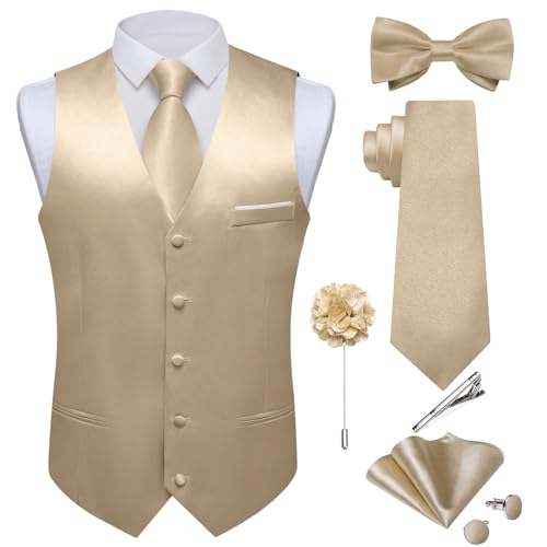 DiBanGu Mens Satin Suit Vest and Tie Set 8PCS Solid Waistcoat and Bowtie with Lapel Pin for Tuxedo Dress Vest Wedding Formal