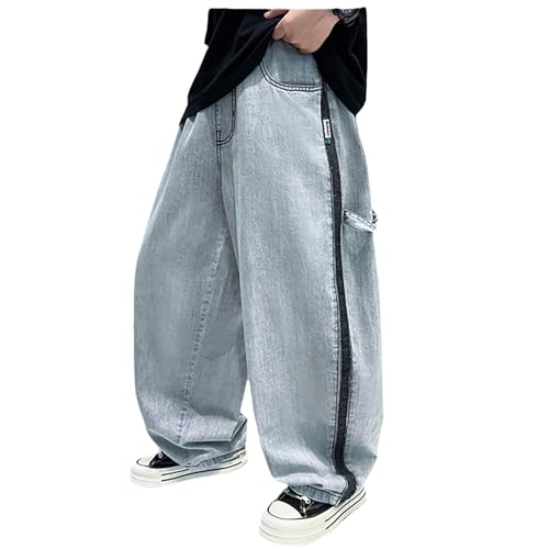 Baggy Jeans for Boys Y2K Straight Wide Leg Denim Pants Kids Casual Elastic Waist Loose Trousers Pockets 4-12 Years