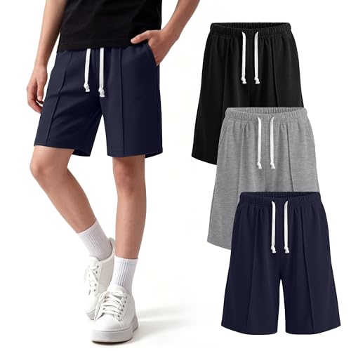 Vinsatin 3 Pack Boy's Shorts Kids Athletic Elastic Waist Sweat Shorts Teen Summer Bermuda Clothes with Side Pockets 5-14Y(9-10 Years,Navy Blue, Light Gray, Black)
