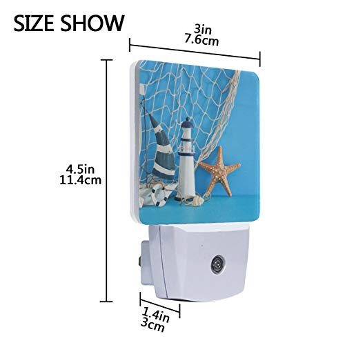 Naanle Set Of 2 Nautical Theme Sailboat Lighthouse Starfish Seashells Fishnet Over Blue Wooden Table White Decorative Auto Sensor Led Dusk To Dawn Night Light Plug In Indoor For Adults #TOP3