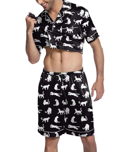 Image of Ekouaer Mens Satin Pajamas Set Button-Down Short Sleeve Shirt Top Soft Silk Sleepwear Shorts with Pockets