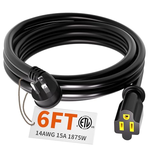 HUANCHAIN 14 Gauge 6 Feet Flat Plug Extension Cord Black Indoor Outdoor, Heavy Duty 3 Prong Grounded Low Profile Extension Wire Flexible, 15A 1875W 125V 14AWG SJTW, ETL Listed