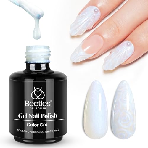 Image of Beetles Pearl Gel Nail Polish, 1 Pcs 15ml Pearl White Glitter Blue Gel Polish Soak Off Shimmer Nail Art Crystal Snowflakes Manicure Salon Diy Home Uv Nail Art Designm