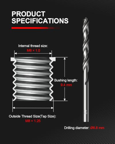 Kolvoii M6 X 1.0 Metric Thread Repair Kit with HSS Drill Bit, Tap, Counterbore and Installation Tool, 10 Solid 304 Stainless Steel Thread Inserts, 9.4mm Length, for Automotive and DIY Repairs — view 3