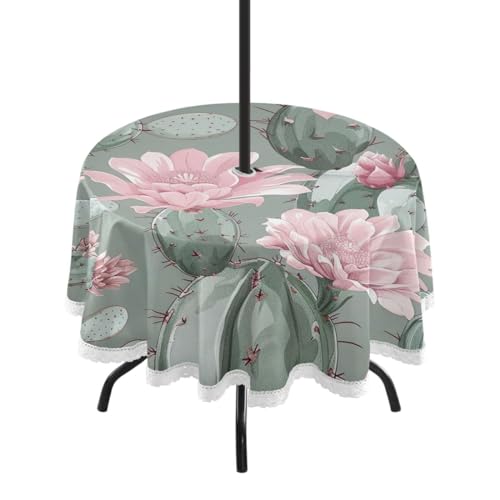Wajiw 60 Inch Indoor Outdoor Round Tablecloth with Umbrella Hole and Zipper Waterproof Patio Table Cover for Camping Dining Room Party Outdoor Picnic,Cactus