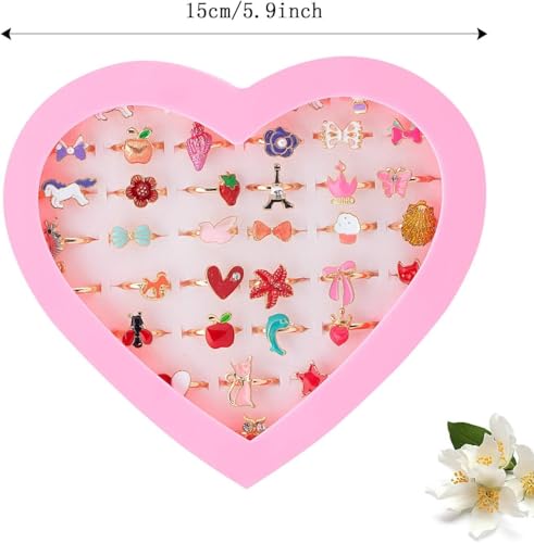Gaethra 36 Stück Kinderringe Mädchen, Ringe Kinder Mädchen Ringe Einstellbare Ringe funkeln mit Herzform Vitrine für Kinder Geburtstag Party Favors