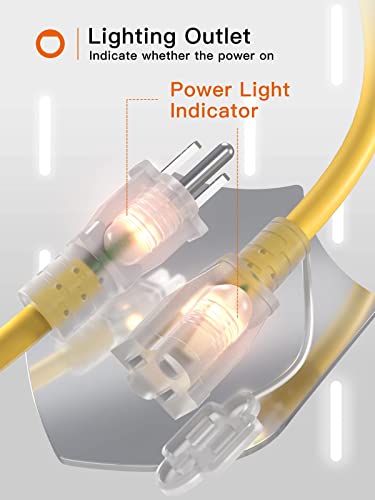 75Ft 12/3 Outdoor Extension Cord 12 Gauge Sjtw Heavy Duty Waterproof Yellow 3 Prong, Flexible Long Power Cable For Garden Home Or Office Use Indicator Light Etl Listed #TOP1