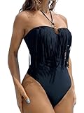 Floerns Women's One Piece Swimsuit Fringe Hem Ring Linked Halter Neck Bikinis Black Small