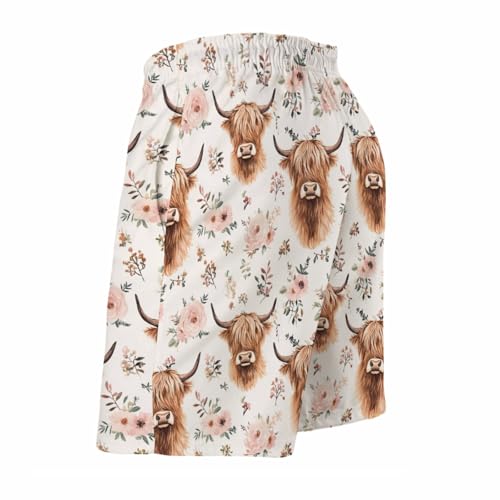Highland Cow Boho Floral Men's Swim Trunks Highland Yak Pink Flower Board Shorts Western Cowboy Animal Swimsuit2