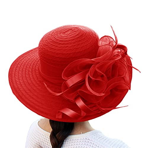 2025 Kentucky of Derby Hats for Women Girls Ladies, Organza Flower Wide Brim Church Tea Party Wedding Fascinator Sun Hat Easter Mother's Day Outfits Accessories Red