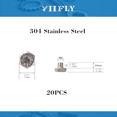 Image of M8x1.25 x 10mm Hex Head Screws Bolts, 304 Stainless Steel (A2-70), Bright Finish, Fully Threaded, Hexagon Head Bolts, Quantity 20