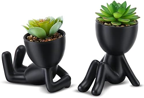 Fake Succulent, Mini Succulents Plants Artificial in Black Modern Human Shaped Ceramic Pots Cute Desk Decor Desk Plant for Office Decor for Women, Cute Fake Plants Bathroom Decor 2PCS