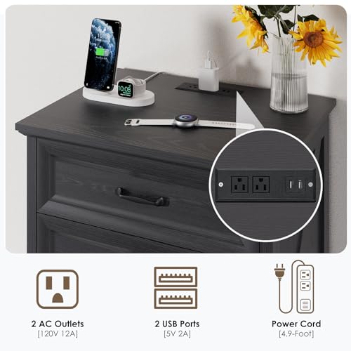 Image of HOMMPA 24'' Farmhouse Nightstand with Charging Station, Bedside Tables with Storage, Side Table with AC Outlets & USB Port, 3 Drawers End Table Dresser, Wood Night Stand for Bedroom, Black