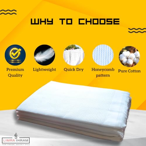 Image of LIMRA Premium Men's White Cotton Ihram Set for Hajj and Umrah | 2-Piece Quality Cloth | Free Size 46 inch X 92 inch - Divine Comfort! (Honeycomb)
