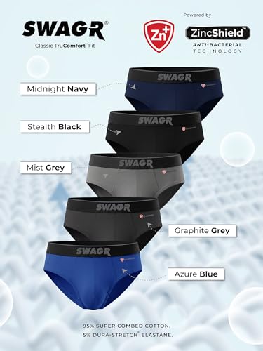 Image of SWAGR 5 Pack Men's Super Combed Cotton Underwear Briefs | Classic TruComfort Fit | Powered by ZincShield Anti-Bacterial Tech | Aerflo Breathability | 4-Way FlexStretch | SOXCO Style SG03