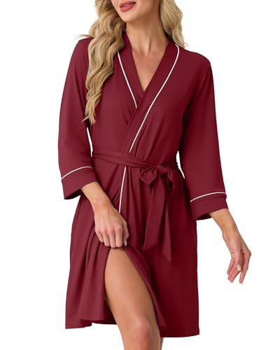 Image of PrinStory Womens Robe Knee Length Soft Knit Bathrobe S-2XL | V-Neck 3 /4 Sleeve Robes with Pockets, Lightweight, Breathable Bath Robe for Shower, Spa, Travel, Home, Party, Nursing