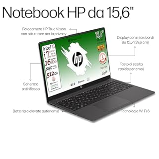 HP 250 G10, PC Portatile CPU Intel Core i7-1355U 13th 10Core, fino a 5 GHz, RAM 16Gb, SSD Pci 512Gb, Display 15.6" ips FHD, Wi-Fi 6, BT, WebCam, HDMI, Win 11, Pronto all'Uso, 3 Anni di garanzia