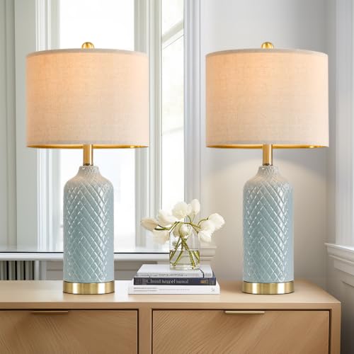 24.25 Modern Ceramic Blue Table Lamps Set of 2 for Living Room Bedroom Bedside Table Lamp for Night Stands Boho Nightstand Lamp Coastal Side End Table Lamps Reading Light Home Office Dorm Deco Gifts