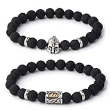 BAVIPOWER Set Rune Bead Bracelet and Viking Warrior Helmet Lava Rock Volcanic Stone Bead Elastic Adj