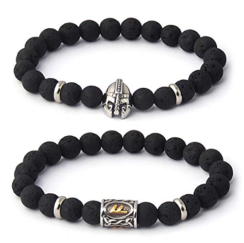 Bavipower Set Rune Bead Bracelet And Viking Warrior Helmet Lava Rock Volcanic Stone Bead Elastic Adjustable Bracelet Bangle (Black) #TOP13