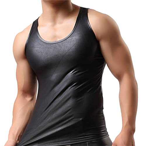 Mens Corset Vest Leather Shirt Faux Tank Top Sexy Lingerie Rave Sleeveless Metallic Undershirts - Main Image