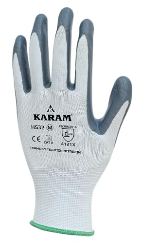 Image of Karam HS32 Nitril Palm Coated Safety Work Gloves | Excellent Grip, Flexible & Durable with Elasticated Wrist for Secure Fit | Tear & Abrasion Resistant Safety Hand Gloves | Size-L | PACK OF 10