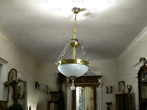 Image of Prop It Up Vintage Crystal Pendant Chandelier, Antique Brass Finish, Frosted Glass Bowl with Crystal Drops, Traditional Ceiling Light, Without Bulb