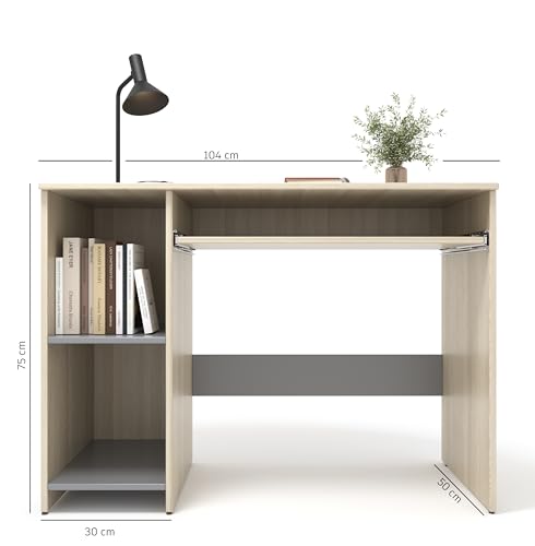 Image of 104x50x75CM Engineered Wood Study Table with Keyboard Tray & 2 Open Storage Shelves for Home, Office | Moisture Proof Computer, Laptop Table | 1 Year Warranty- Acacia Light with Grey