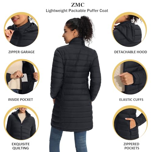 ZMC Packable Women Puffer Coat, Lightweight Water-Resistant Puffer Jacket Detachable Hood Slim-Fit Winter Coat for Women3