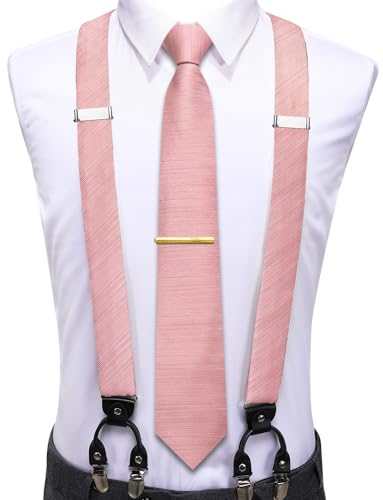 Image of Hi-Tie Men's Suspenders and Tie Set Silk Adjustable Elastic Y Braces with Strong 6 Clips Pocket Square Set