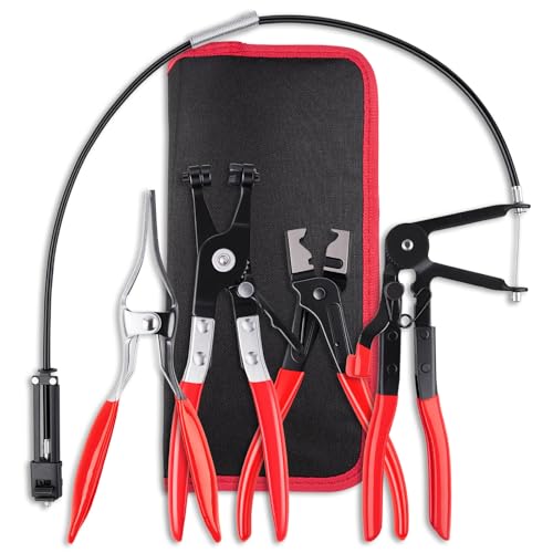 4PCS Hose Clamp Pliers Kit Long Reach Wire Spring Plier Hose Remover and Flat Band Pliers for Water Hose and Automotive Radiator Heater Fuel Coolant Oil Removal with Bag
