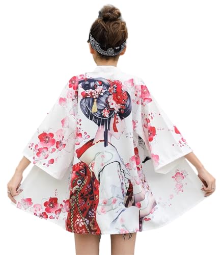 GK-O Women Japanese Kimono Cardigan Geisha Style Print Yukata Jacket Lightweight Haori Coat Summer Fashion (White)