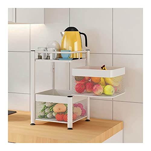 Image of 2-Tier Metal Trolley Storage Rack - Rotating Open Shelves for Kitchen Office Bathroom - DIY Fruit Cart with Hollow Baskets - Stylish White Design
