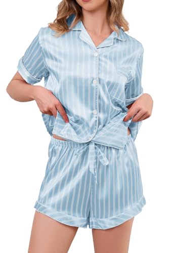 Satin Pajama Set Striped Silk PJ Set Drawstring Ruffled Satin Shorts - 2 Piece Silky Pajamas