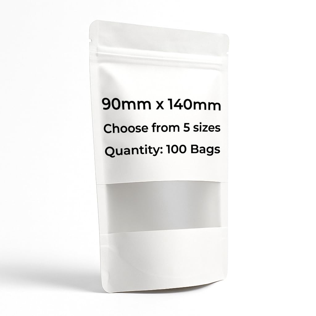 Home Range White Kraft Paper Bags With Window (90 X 140Mm, 100 Bags) | Zip Lock, Heat Sealable, Tear Notch | Food Grade Resealable Pouches For Snacks, Herbs, Wax Melts, Coffee, Tea, Spices & Packaging