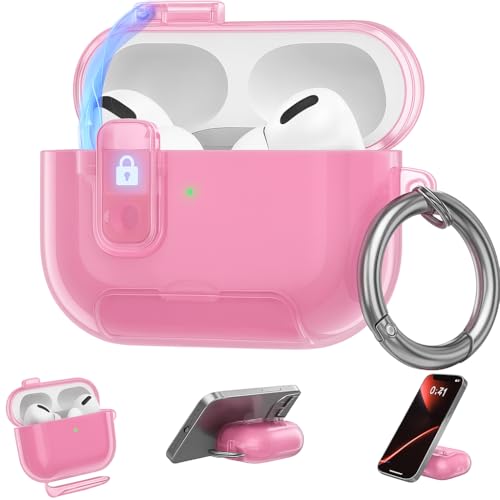 Image of Meyaar for AirPods Pro 3 Case, Clear Magnetic Automatic Lock Cases with Phone Stand with Keychain Case for Airpod Pro 3 for Men & Women (Pink)