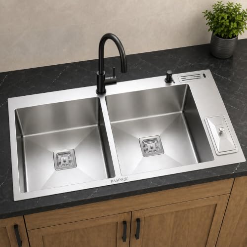Image of Kitchen Sink 45x20x10 Inch Double Bowl With Dustbin Silver 304 Stainless Steel Handmade Sink for Kitchen Basin Including Coupling Fruit Tray Hose Pipe Kitchen Sinks