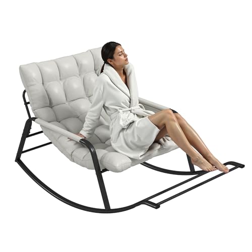 NUGYK Oversized Outdoor Rocking Chair, Papasan Chair with Comfy Padded Cushions & Side Pocket, for Patio Garden, Porch, Lounge, Indoor, Beige