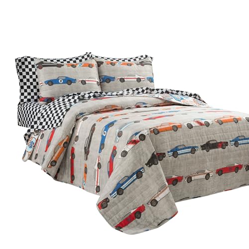 Lush Decor Race Car Kids' 5-Piece Oversized Quilt Bed Set, Reversible Bedding Set for Boys, Blue & Orange, Twin