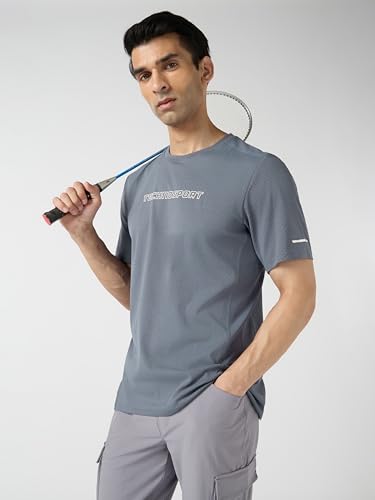 Image of TECHNOSPORT Men's Printed Slim Fit Henley Neck T-Shirt ELASTOLITE Half Sleeve Slip On Polyester for Gym Running Workout UPF50+ Anti Odour