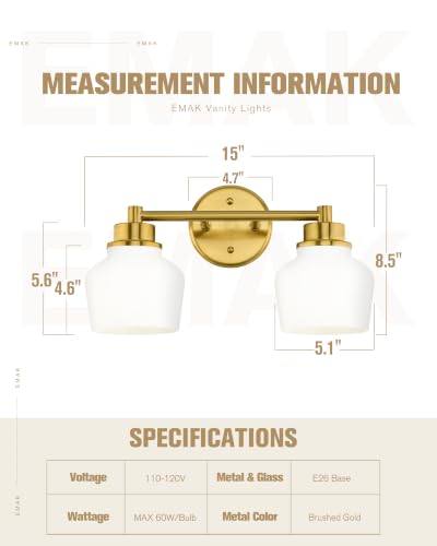 Image of Emak Brushed Gold Bathroom Light Fixture, Vintage Wall Sconce, Vanity Light