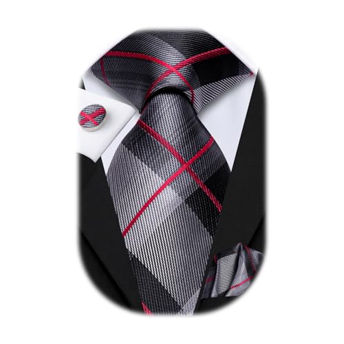 Image of Hi-Tie Mens Plaid Ties Classic Paisley Necktie with Handkerchief Cufflinks Set Business Stripe Tie